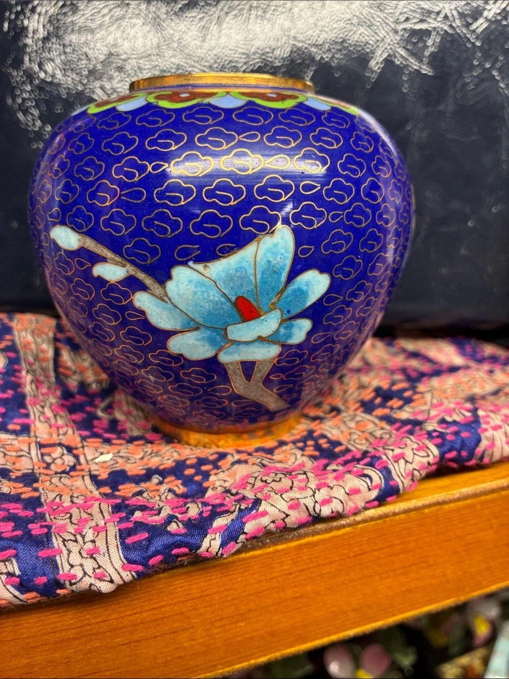 Cobalt Blue Floral Cloisonné Vase - Decorative Home Accent